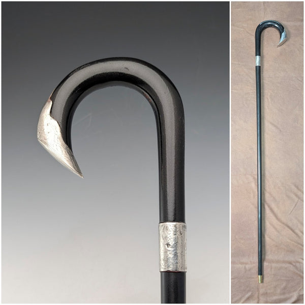 1903年 英国アンティーク ブラックシャフト 曲がりハンドル 純銀装飾 ステッキ 杖 92cm